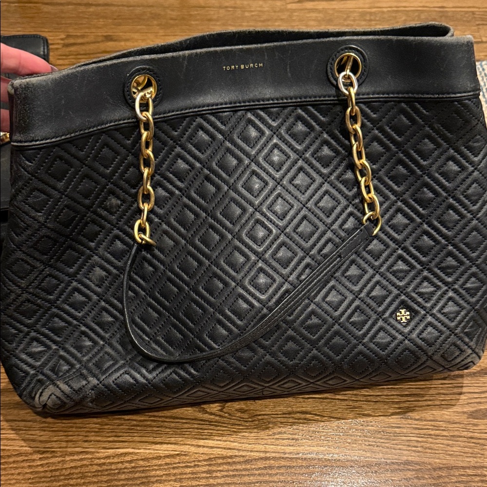 Tory Burch Black Quilted Tote with Gold Accents